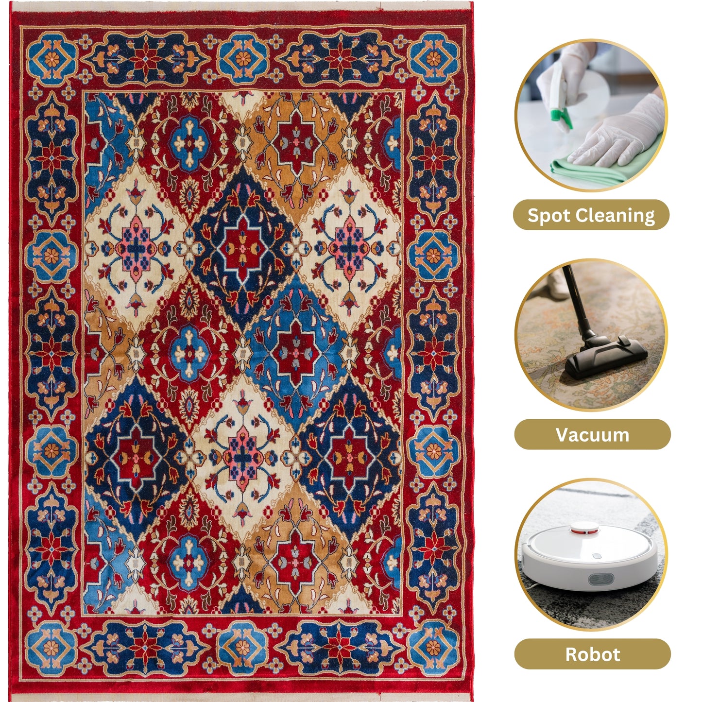 Decorative Red Majesty Turkish rug with intricate floral patterns on a plain background, displayed with cleaning method icons for spot cleaning, handheld vacuum, and robot vacuum use