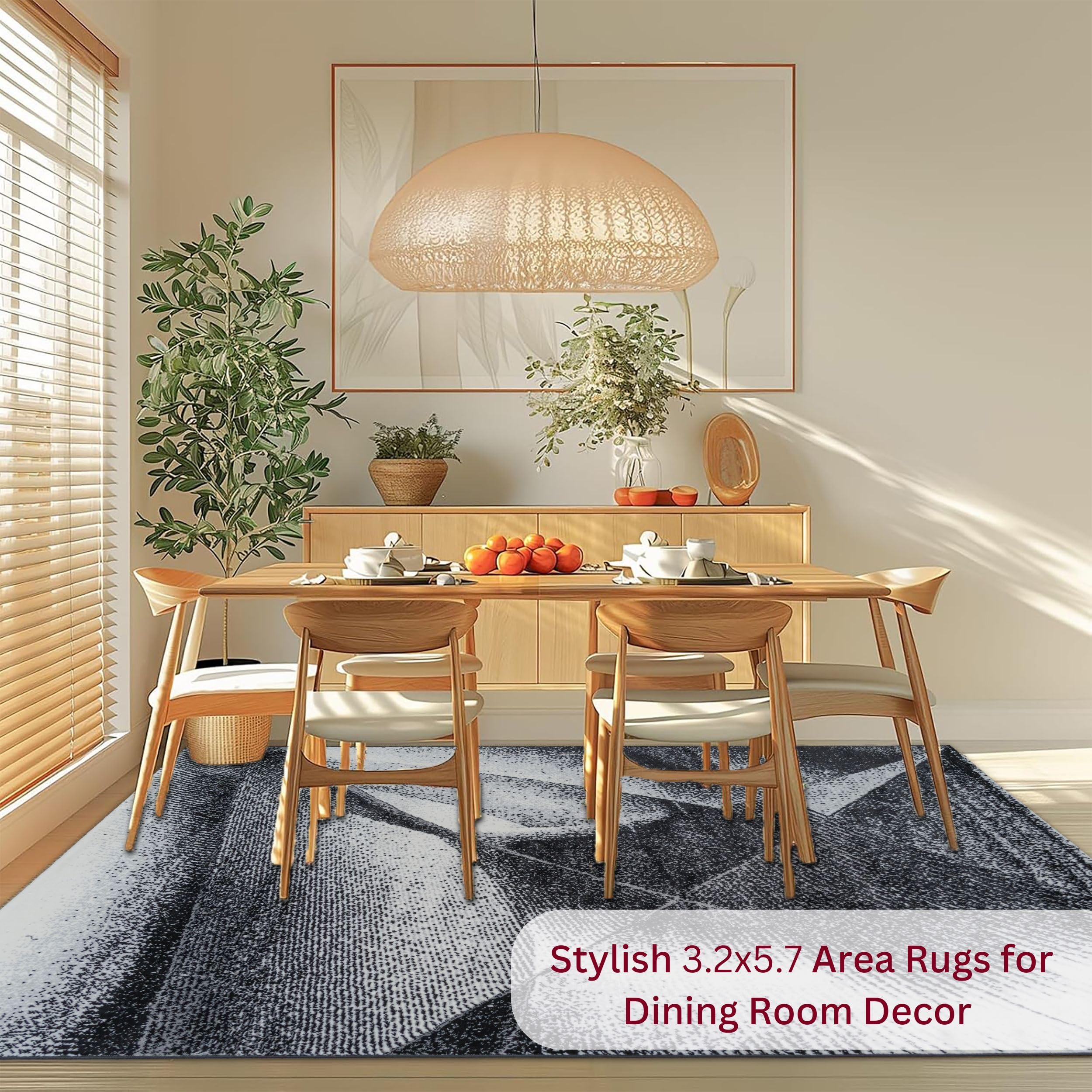 Black Cascade Turkish rug with a geometric black and gray pattern placed under a modern dining table with chairs, ideal for high-traffic dining areas