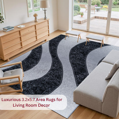 Luxurious 3.2x5.7 ft Black Wave Turkish rug used as a stylish focal point in a living room with a sofa, perfect for modern home decor