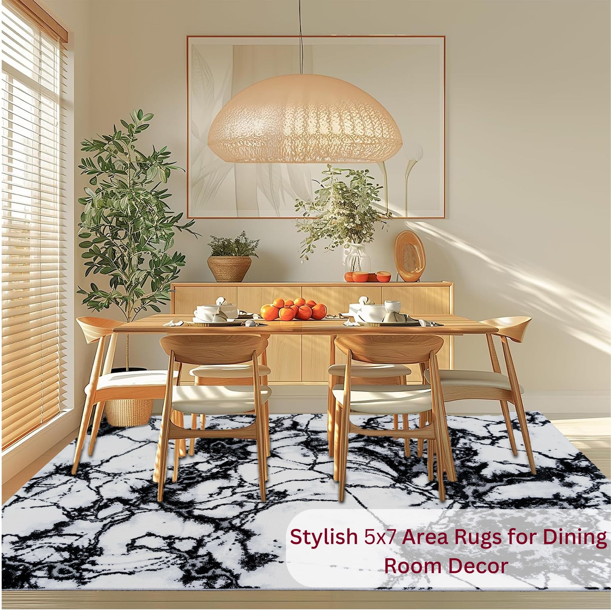 Dining room with the Black Marble Turkish rug placed under a modern dining table and chairs, highlighting its bold marble-like pattern and easy-to-clean surface