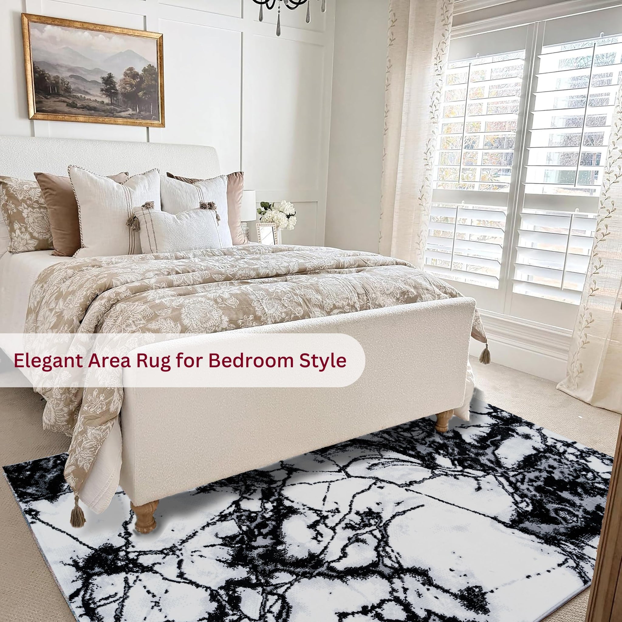 Bedroom featuring the Black Marble Turkish rug with a black and white marble design, partially placed under a bed with neutral bedding for a sleek, modern feel