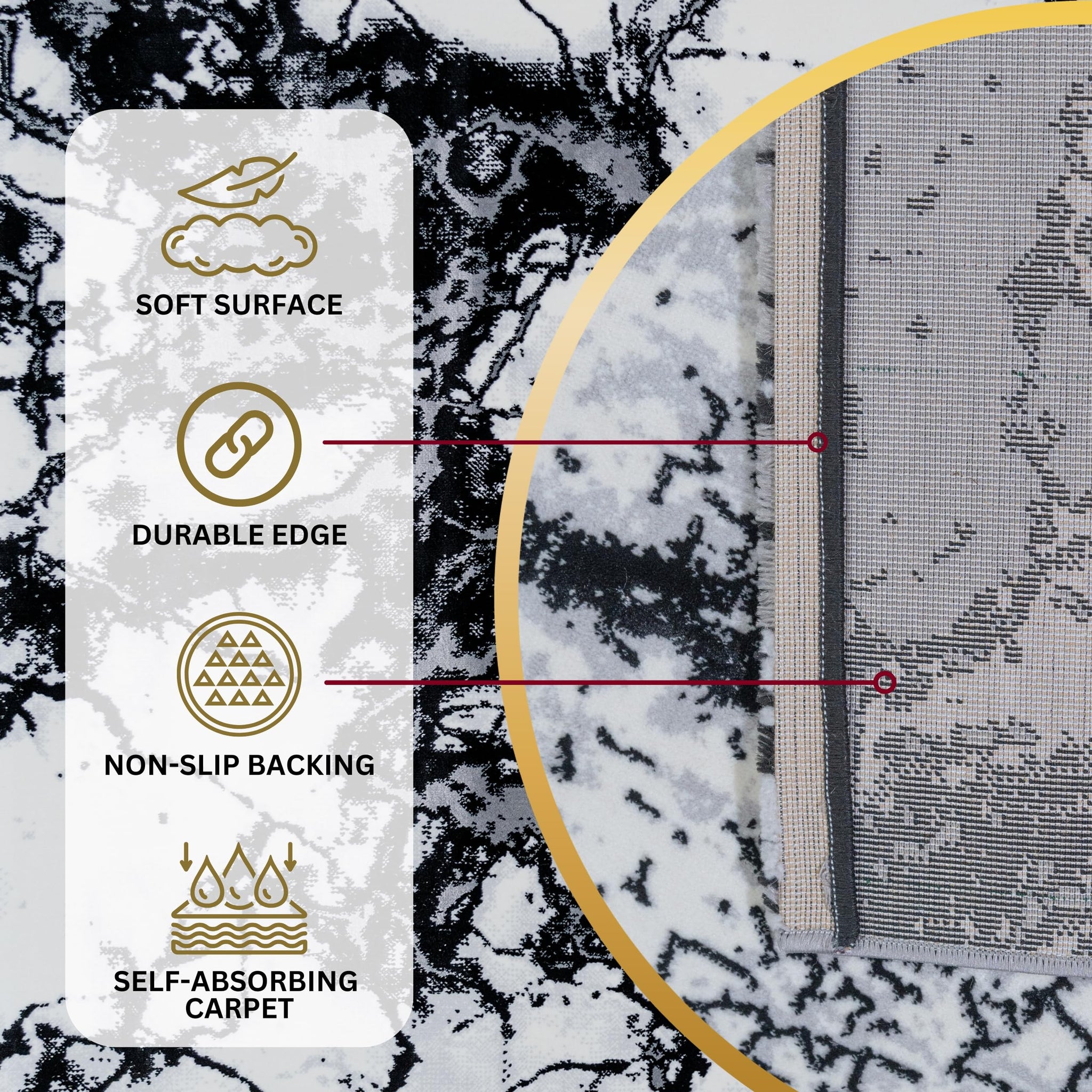 Black Marble Turkish rug with a soft surface, durable edges, non-slip jute backing, and self-absorbing carpet construction for added comfort and stability