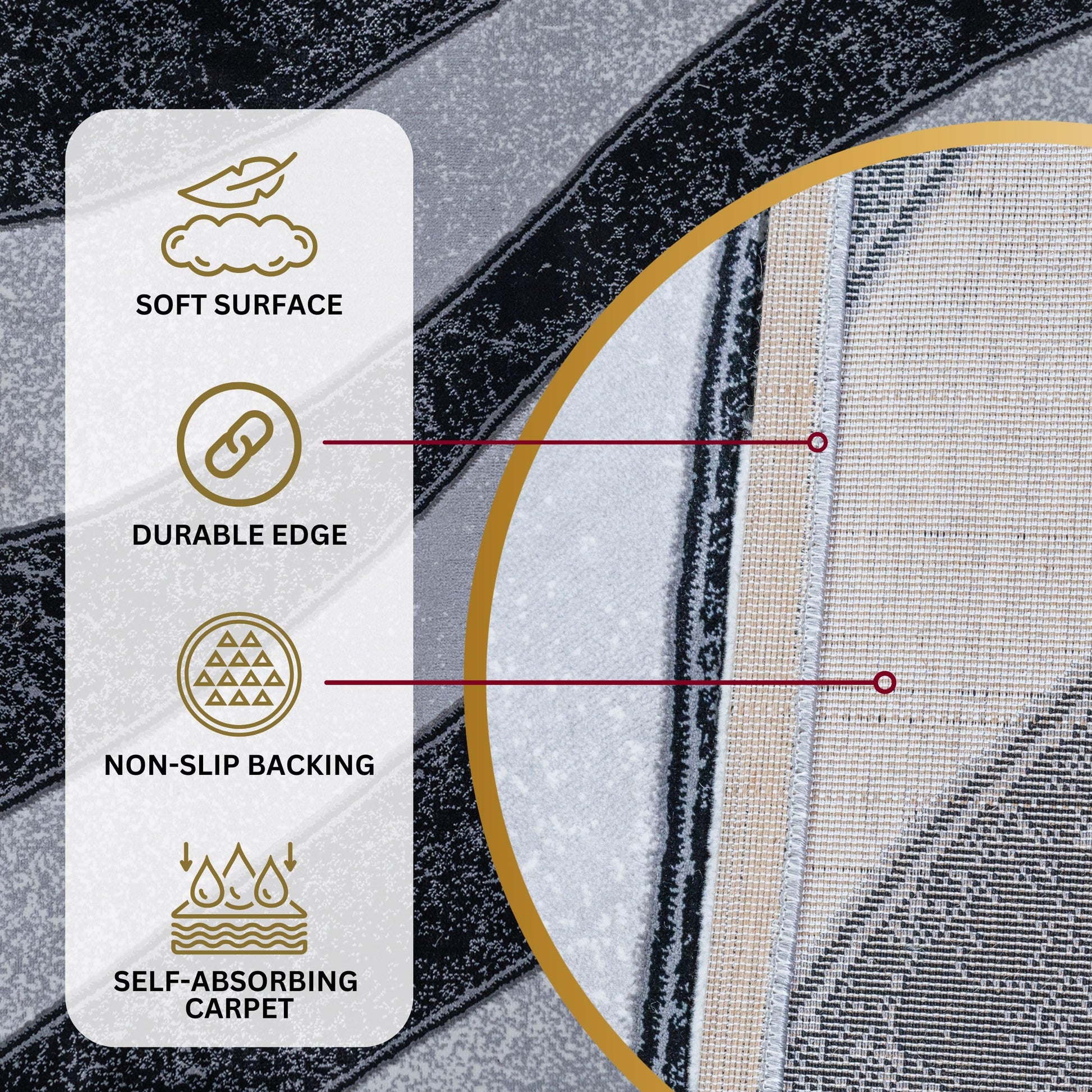 Black Wave Turkish rug with a soft surface, durable edges, non-slip jute backing, and self-absorbing carpet construction for added comfort and stability