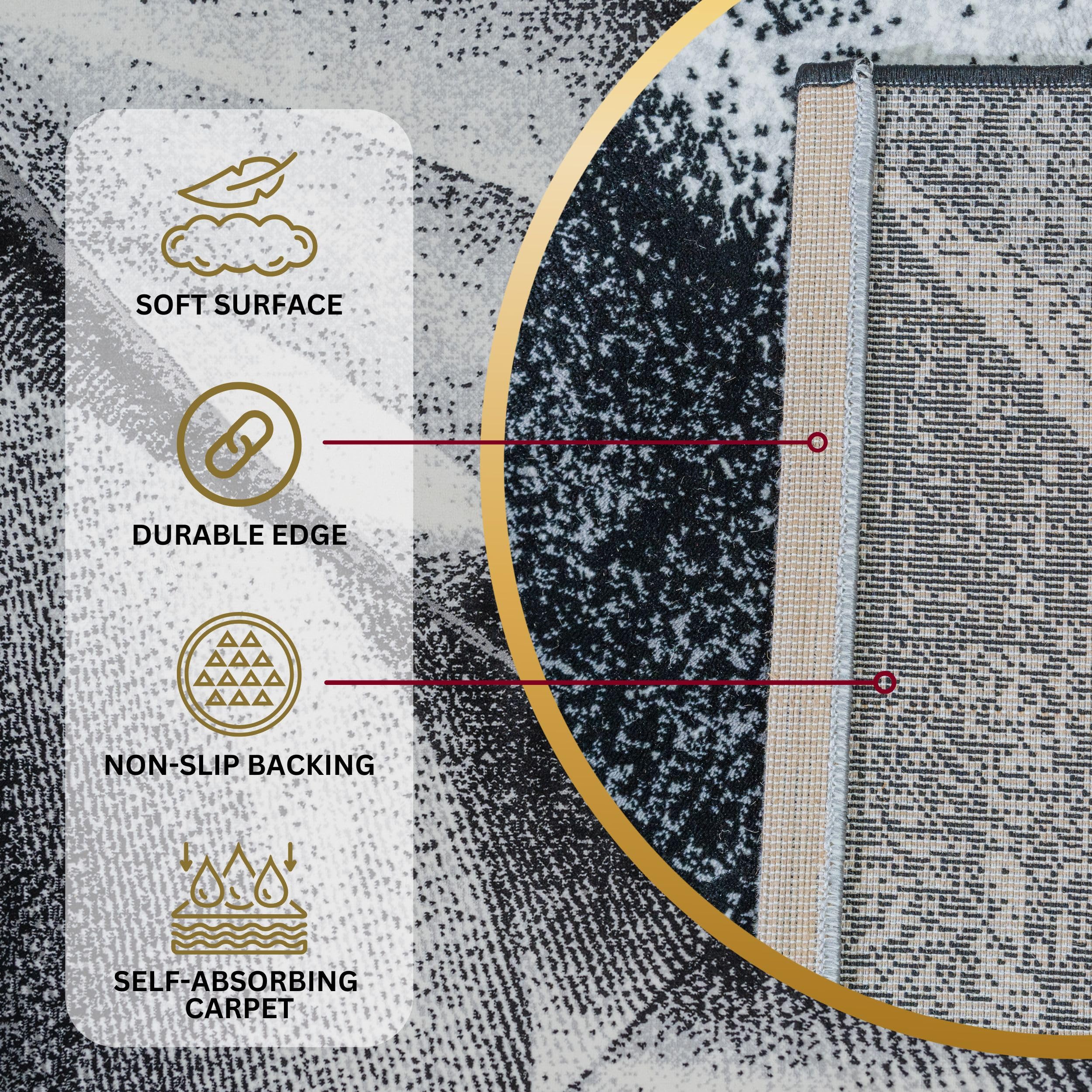 Black Cascade Turkish rug with a soft surface, durable stitched edges, non-slip jute backing, and self-absorbing carpet design for lasting comfort and safety