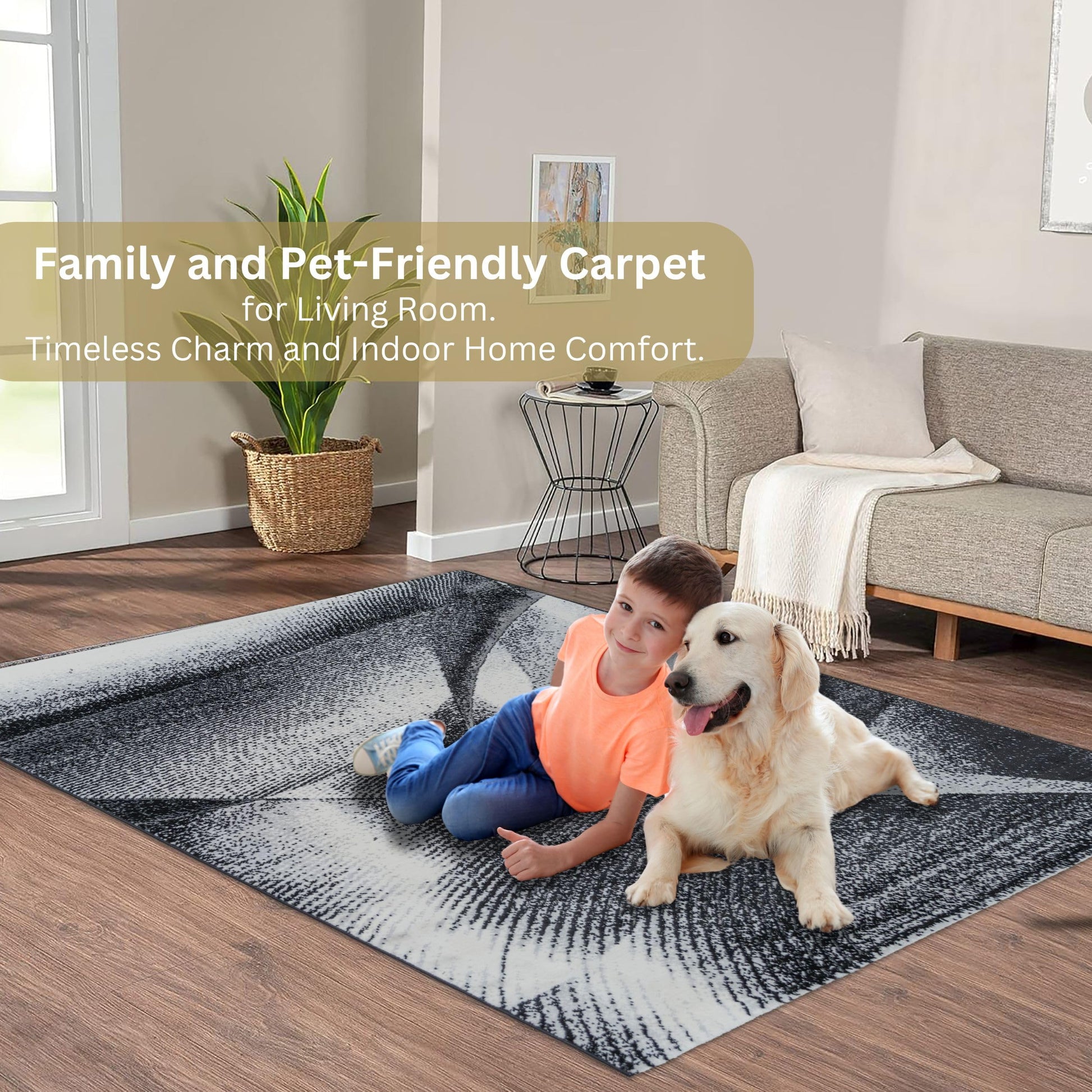 Family-friendly living room featuring the Black Cascade Turkish rug, with a young boy and dog sitting on its soft surface—offering timeless charm and cozy indoor comfort