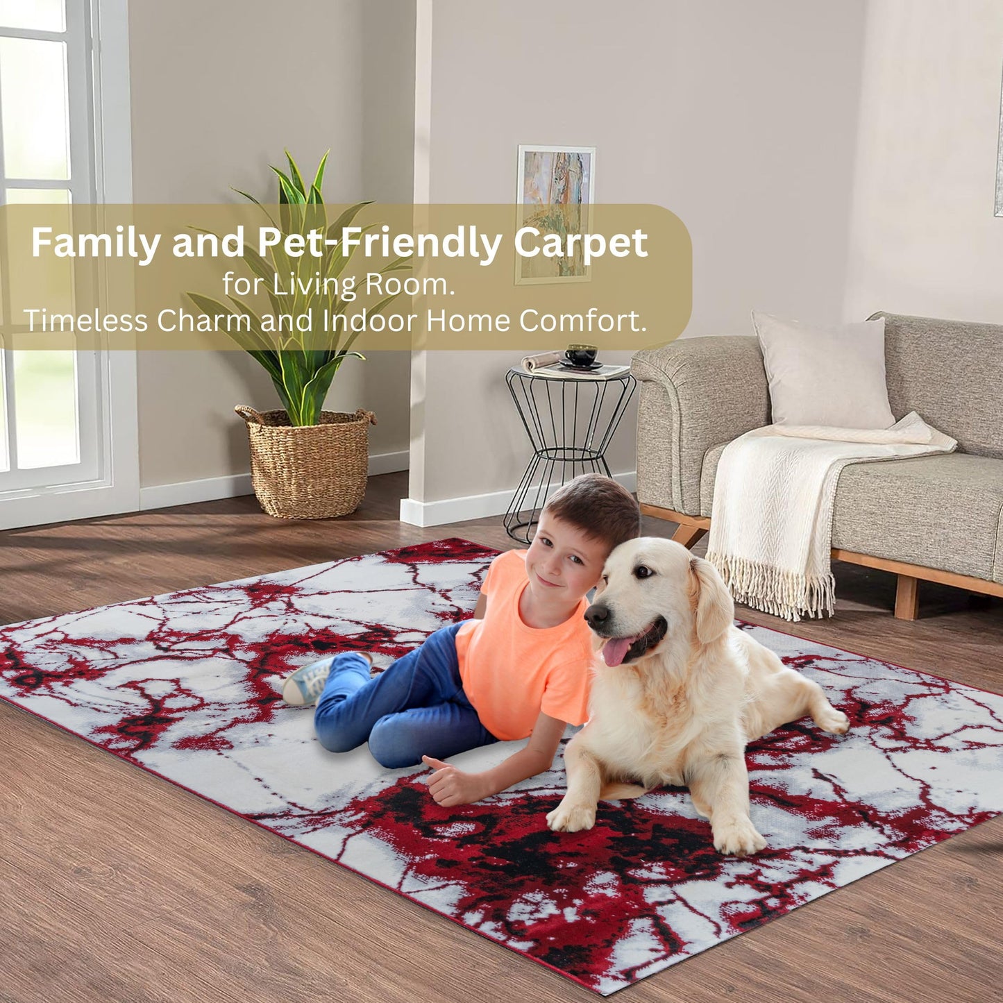 CoziRita Area Rugs for Living Room Carpet - Modern Abstract Rug for Dining Room, Carpet for Bedroom, Office - Non-Shedding Medium Pile Rugs for High Traffic Areas - Jute Backing - Red Marble