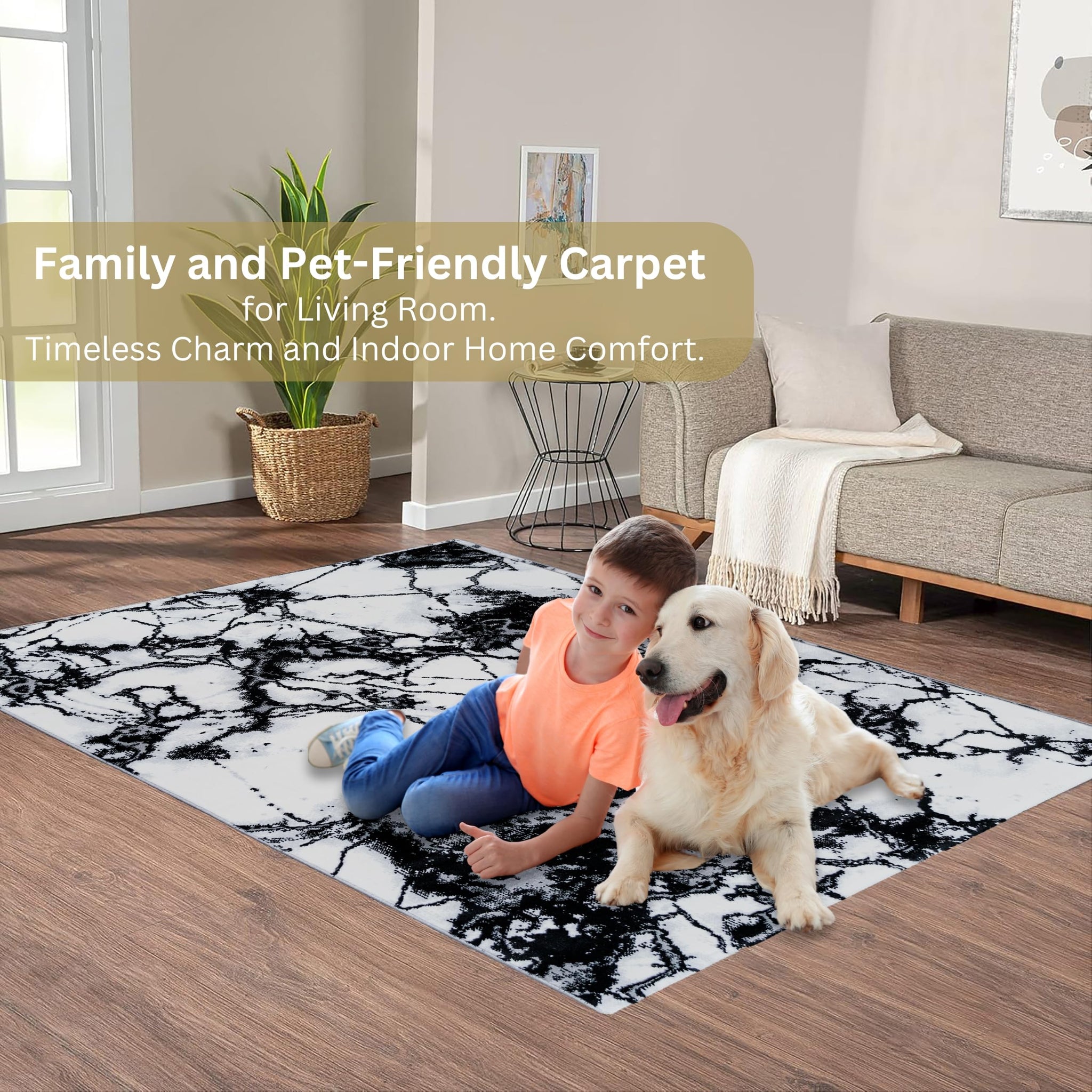 Family-friendly living room featuring the Black Marble Turkish rug, with a young boy and dog sitting on its soft surface—offering timeless charm and cozy indoor comfort