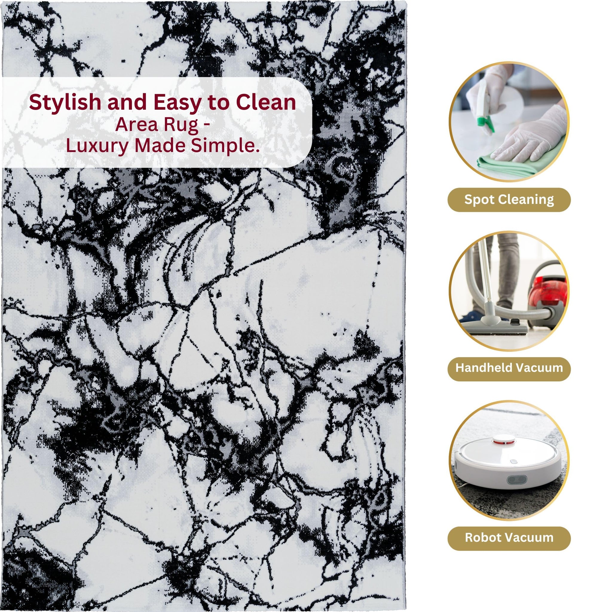 Stylish and easy-to-clean Black Marble Turkish rug with luxury made simple; shown with spot cleaning, handheld vacuum, and robot vacuum icons for low-maintenance care