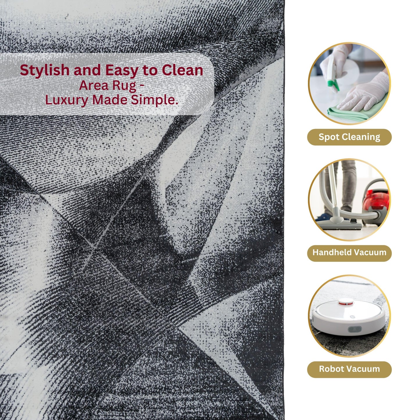 Stylish and easy-to-clean Black Cascade Turkish rug with luxury made simple; shown with spot cleaning, handheld vacuum, and robot vacuum icons for low-maintenance care