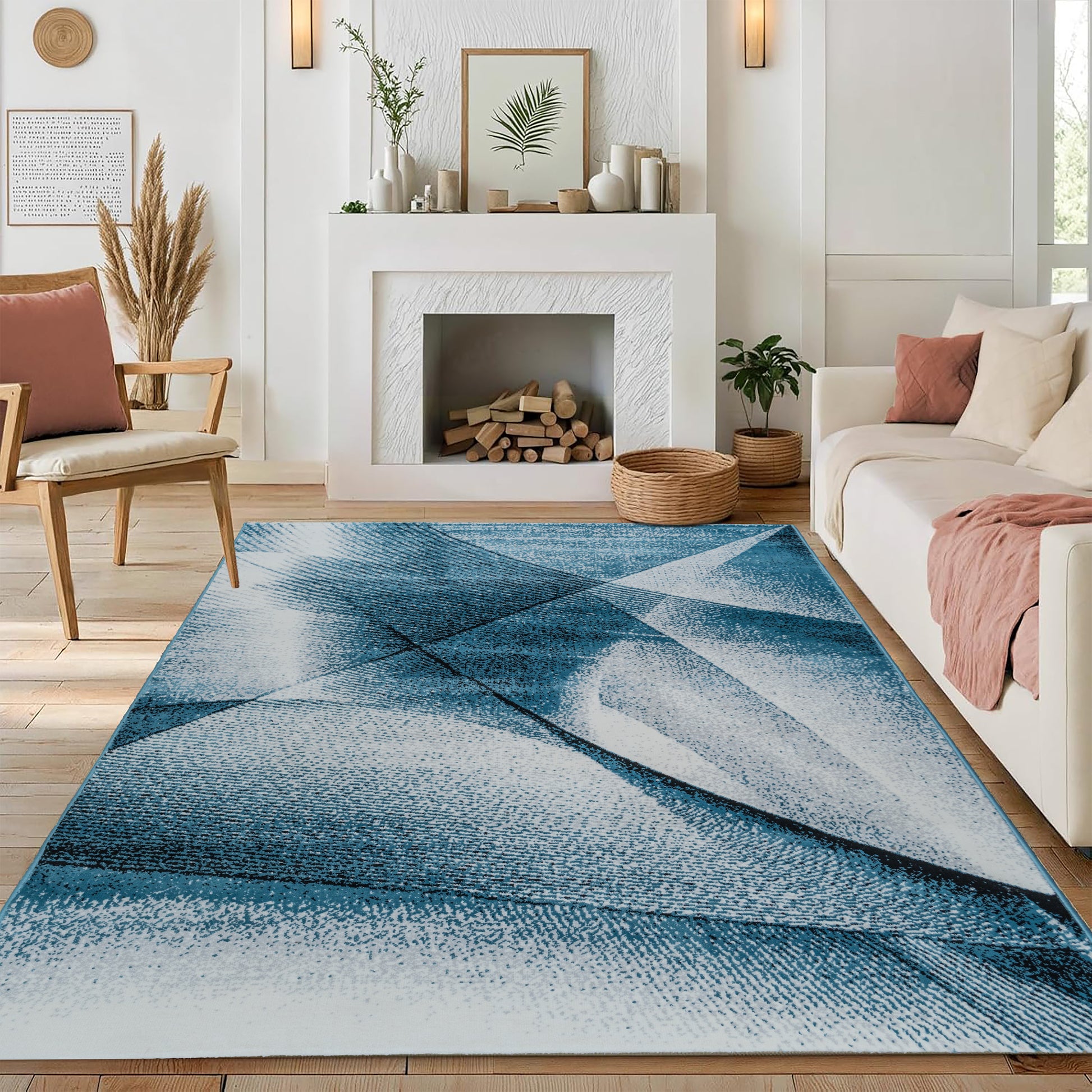 Medium-pile Blue Cascade Turkish rug with geometric patterns, placed in a modern living room setting to add a bold, contemporary touch with durable comfort