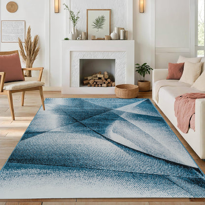Medium-pile Blue Cascade Turkish rug with geometric patterns, placed in a modern living room setting to add a bold, contemporary touch with durable comfort