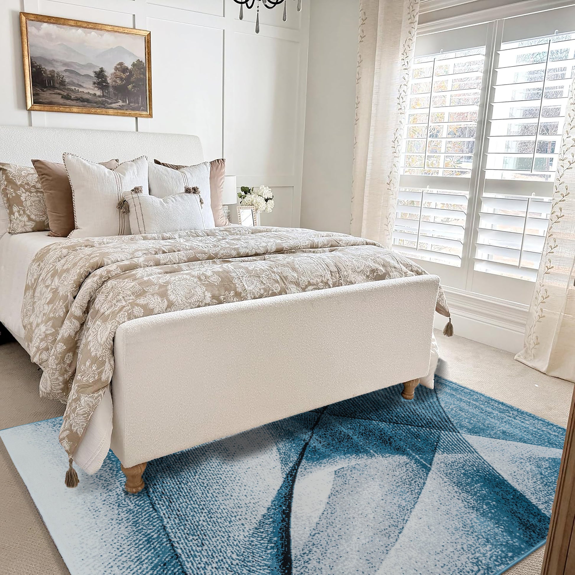 Bedroom styled with the Blue Cascade Turkish rug featuring medium pile and geometric patterns, placed under the bed to create a cozy and modern atmosphere with a bold accent
