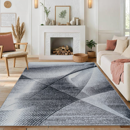 Gray Cascade Turkish rug with a modern geometric pattern, placed in a contemporary living room to enhance the space with sleek, minimalist design and neutral tones