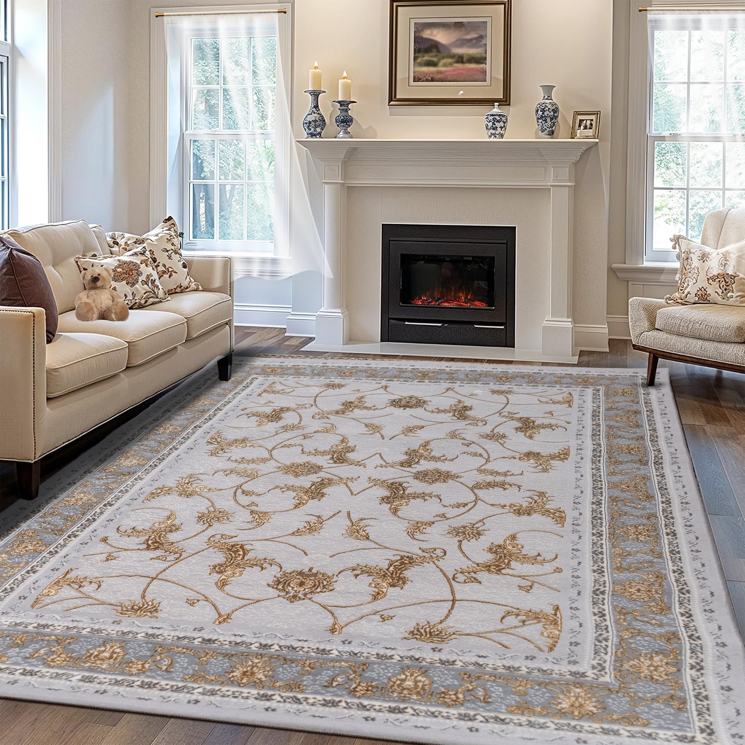 Antique Silver Turkish rug with elegant gray floral patterns, placed on the floor in a room featuring a fireplace and classic furniture for a timeless, refined look