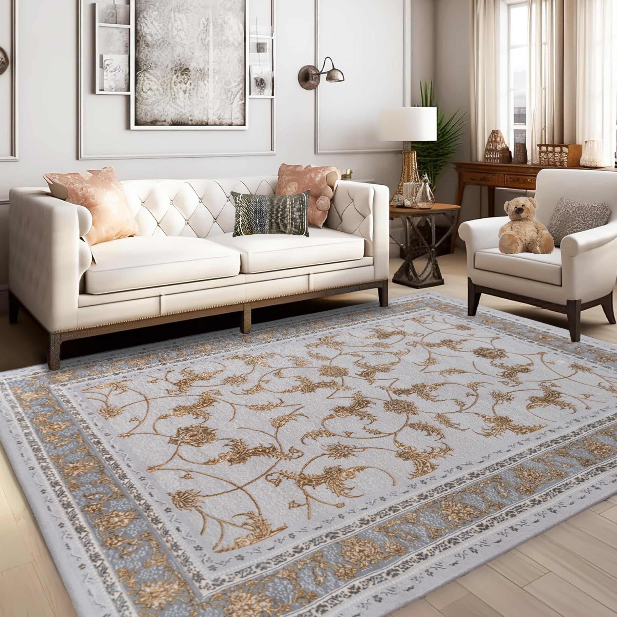 Living room featuring the Antique Silver Turkish rug with soft gray floral patterns, placed beneath a sofa to enhance the space with elegant and timeless decor