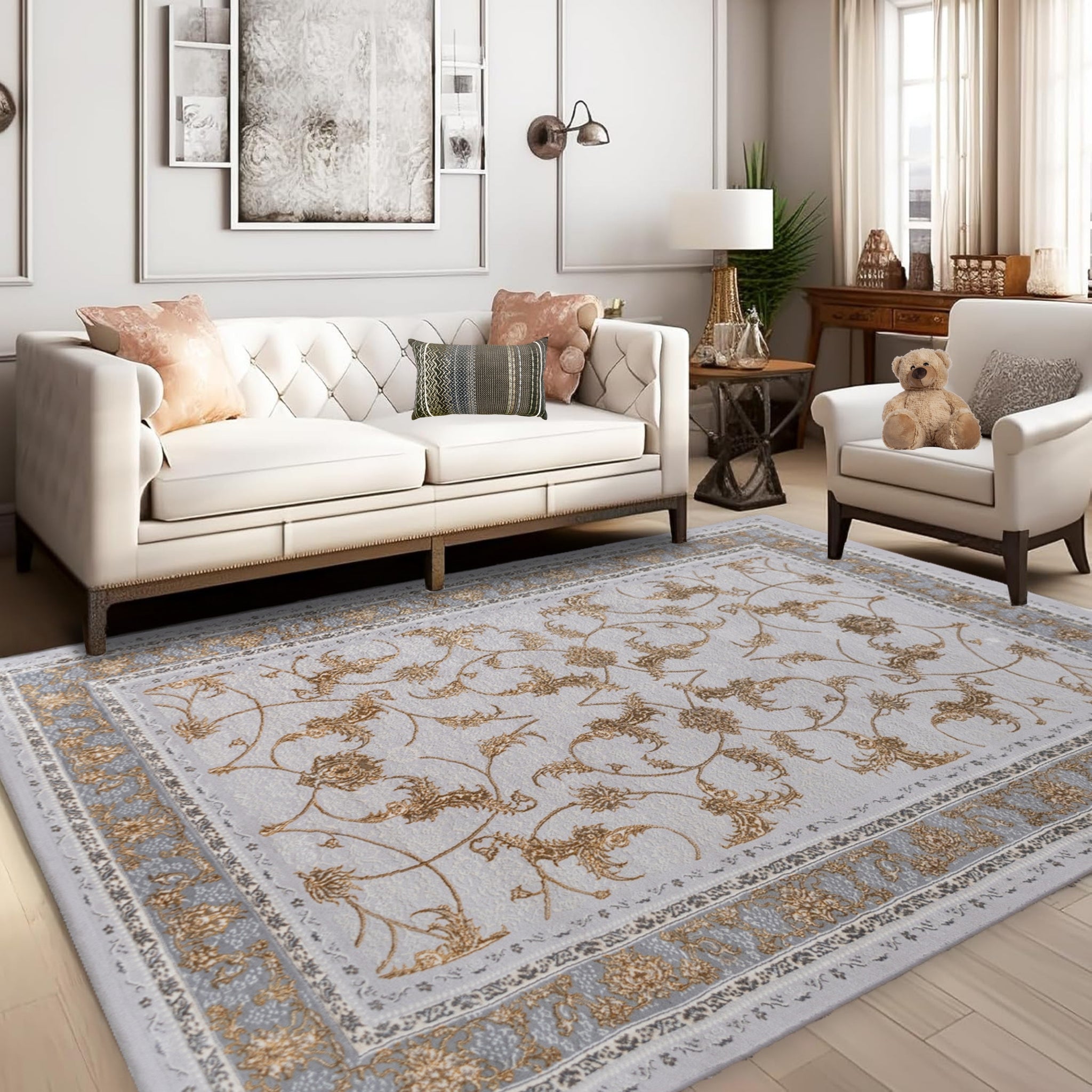 Living room featuring the Antique Silver Turkish rug with soft gray floral patterns, placed beneath a sofa to enhance the space with elegant and timeless decor