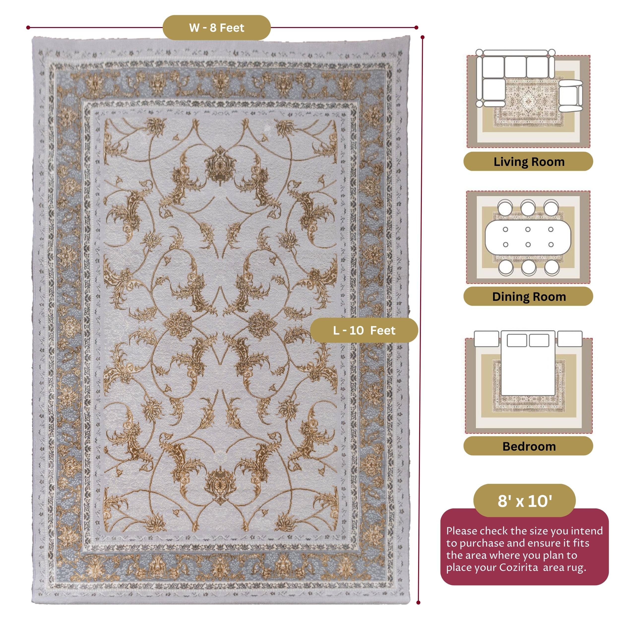 Antique Silver Turkish rug displayed with measurements and recommended room sizes for living room, bedroom, and dining area—ideal for layout planning and fit visualization