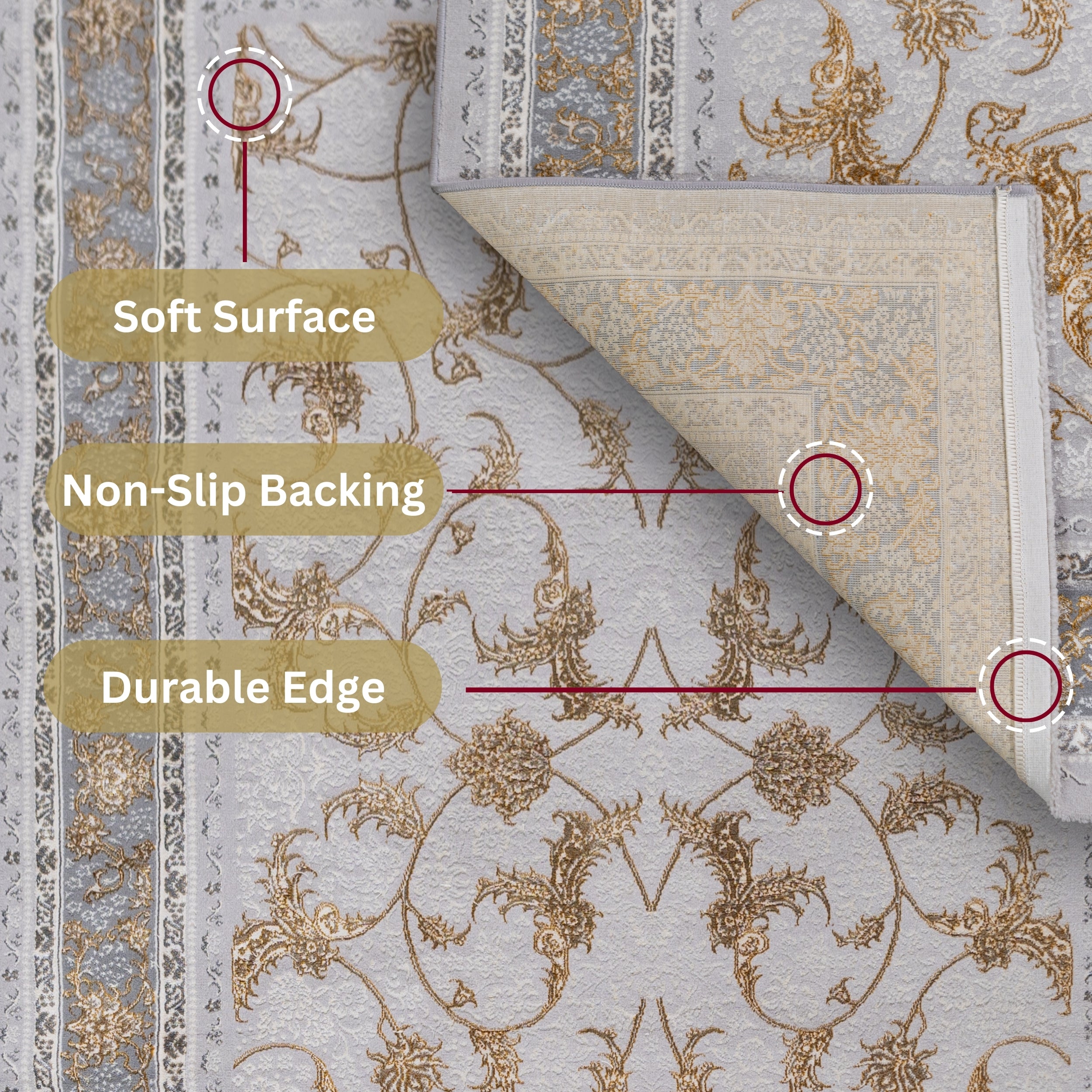 Antique Silver Turkish rug with a soft surface, durable stitched edges, non-slip cotton backing, and self-absorbing carpet construction for enhanced comfort and stability in everyday use