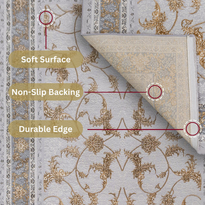 Antique Silver Turkish rug with a soft surface, durable stitched edges, non-slip cotton backing, and self-absorbing carpet construction for enhanced comfort and stability in everyday use