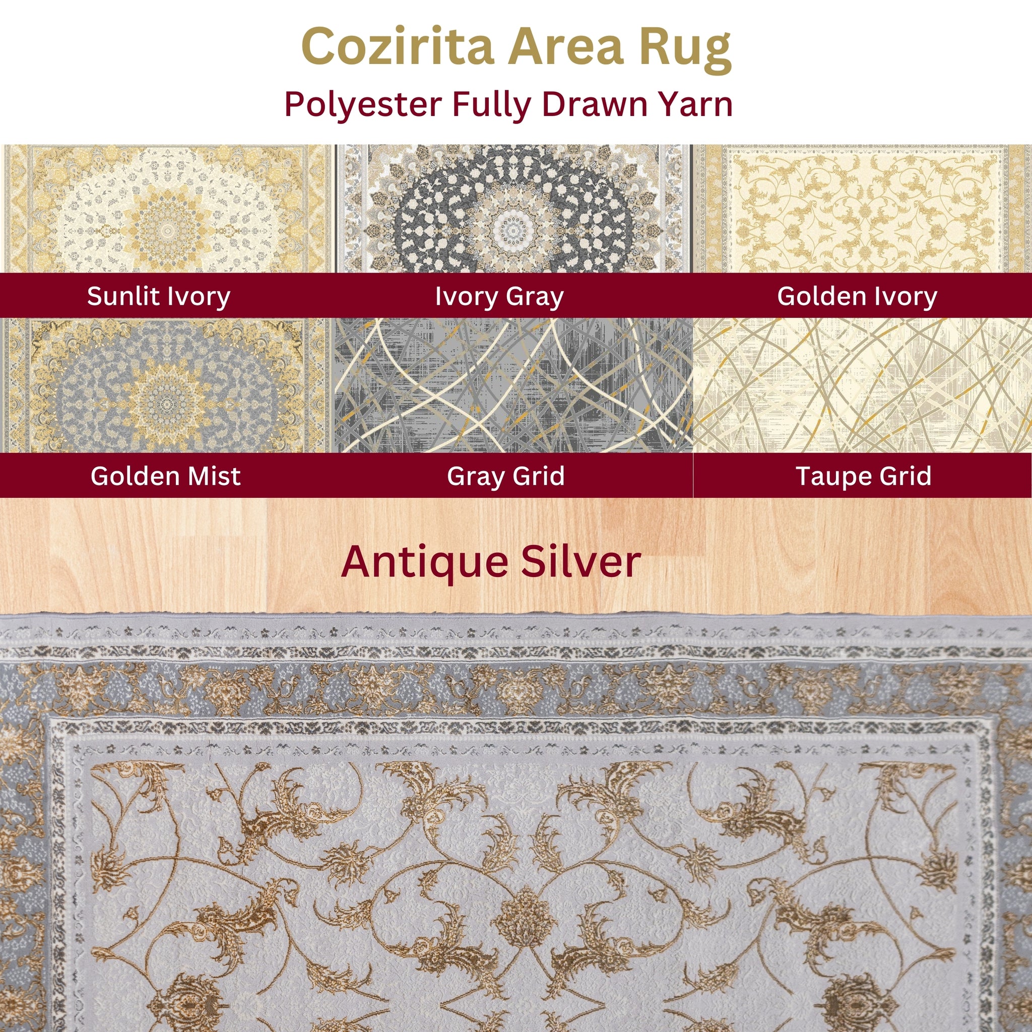 Cozirita Area Rug collection made from polyester fully drawn yarn, showcasing 8 design options including Antique Silver, Ivory Gray, Golden Ivory, Golden Mist, Gray Grid, and Taupe Grid, with the featured Antique Silver displaying elegant gray floral patterns on a soft neutral background