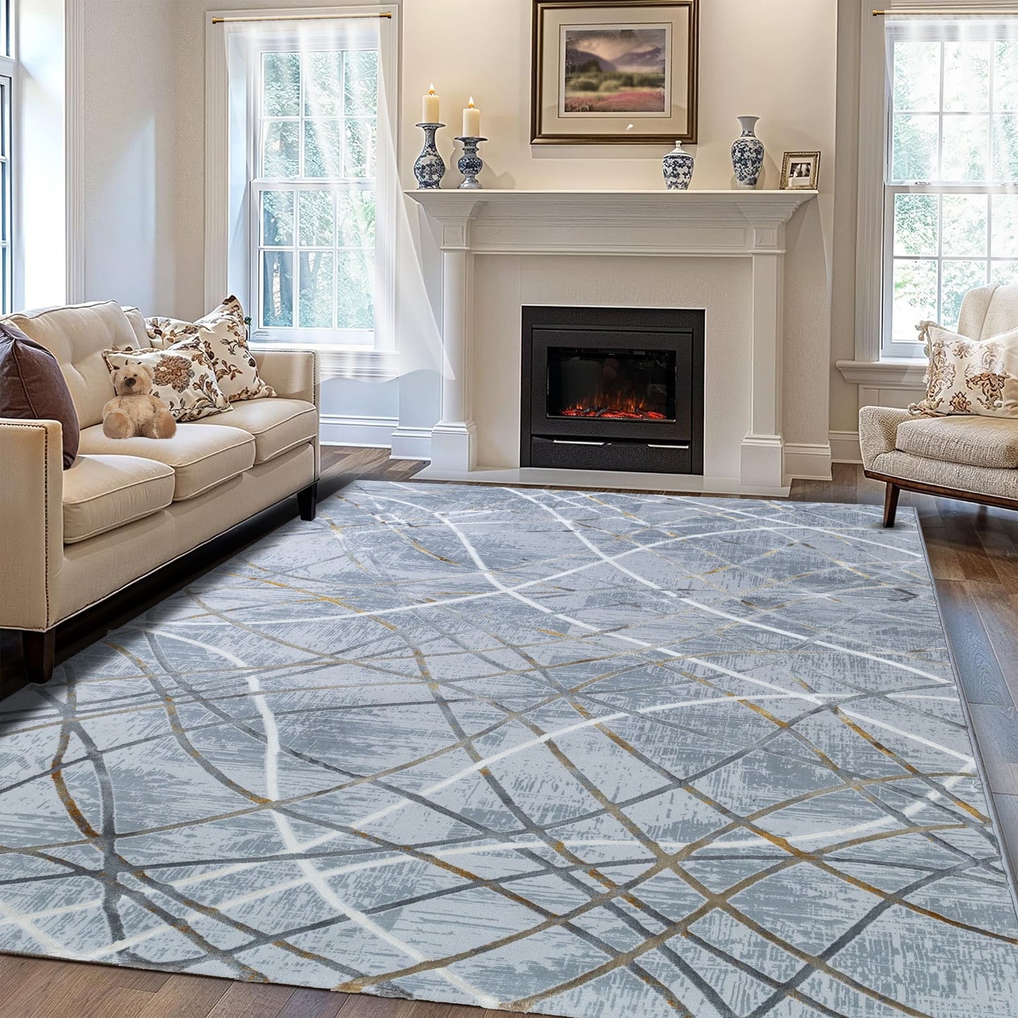 Gray Grid Medium-Pile Area Rug