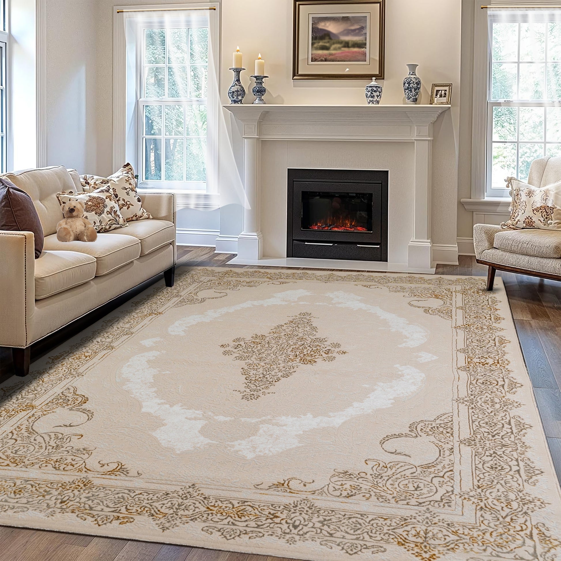 Sunlit Ivory Turkish carpet with beige and gold floral patterns, placed on a hardwood floor in a cozy room with a fireplace and a sofa for an elegant, timeless look