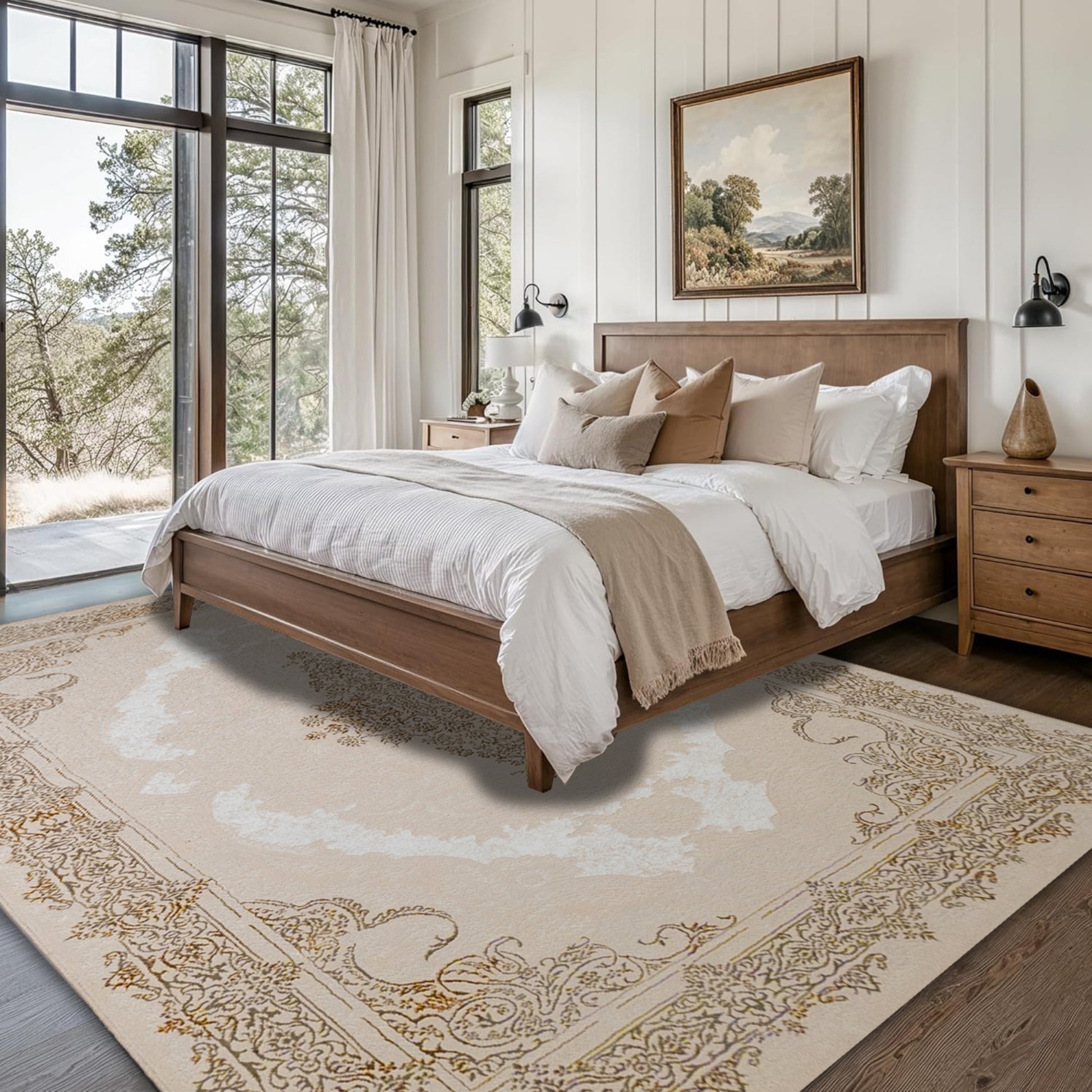 Bedroom featuring the Sunlit Ivory Turkish rug with beige and gold floral patterns, placed under a bed with soft neutral bedding to create a calm and elegant space