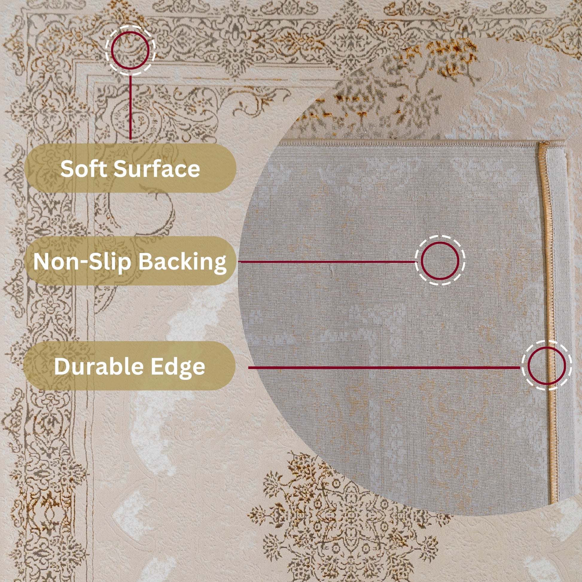 Sunlit Ivory Turkish rug with a soft surface, durable edges, non-slip cotton backing, and self-absorbing carpet construction for added comfort and stability