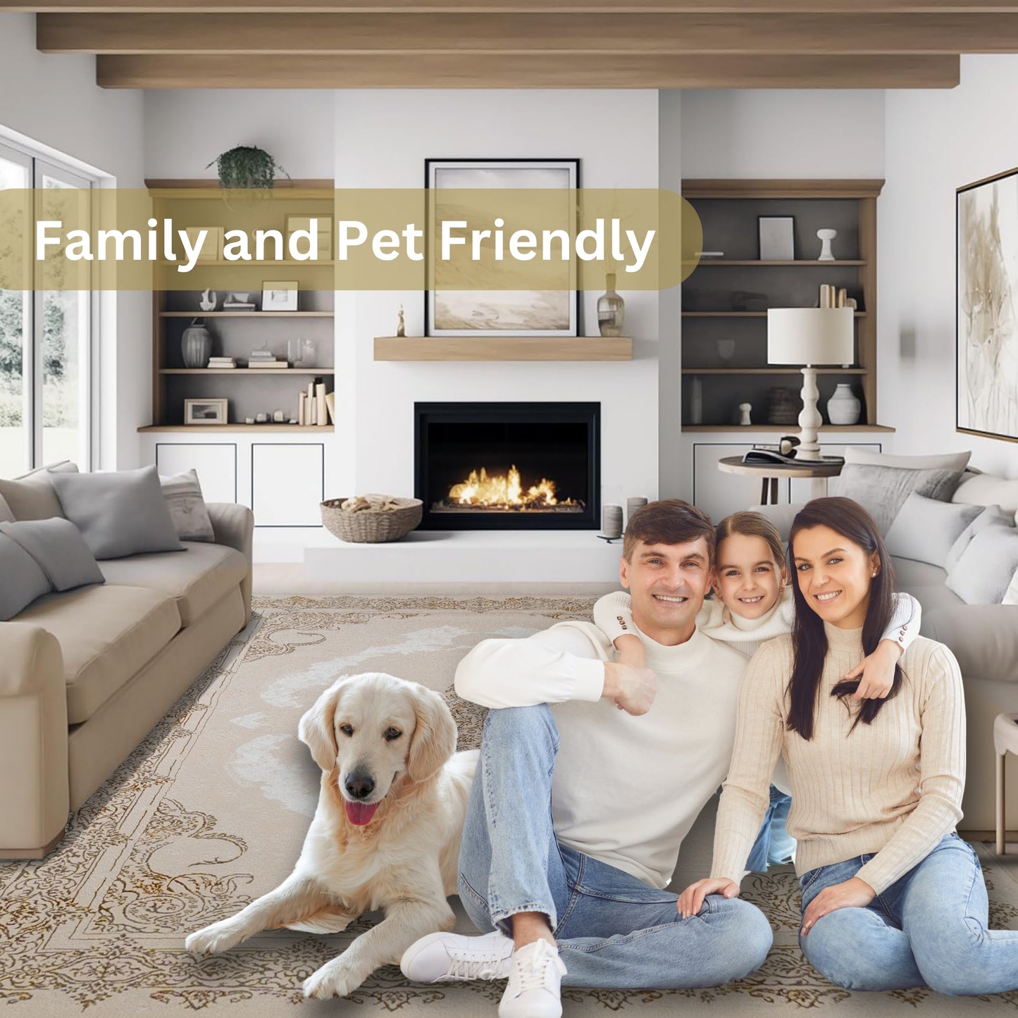 A family of three lying on the Black Swirl Turkish rug with their dog, showcasing the rug’s soft surface and spacious comfort for quality time together at home