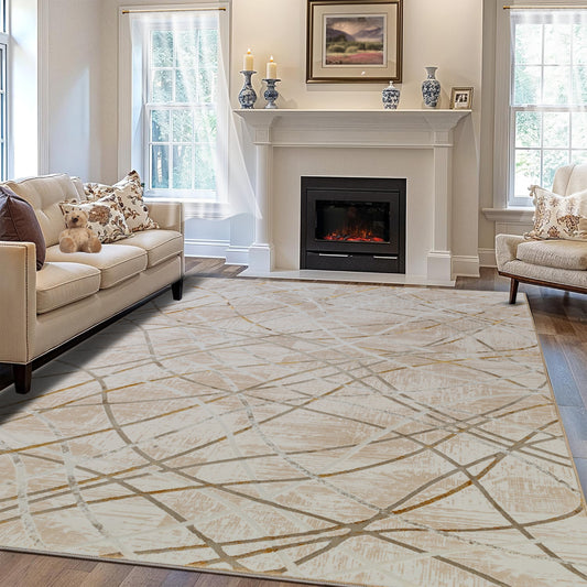 Beige Taupe Grid - Premium Turkish Carpet with Cotton Backing