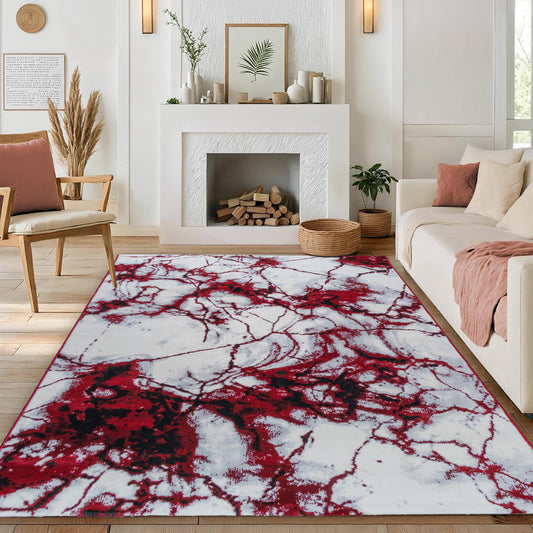 CoziRita Area Rugs for Living Room Carpet - Modern Abstract Rug for Dining Room, Carpet for Bedroom, Office - Non-Shedding Medium Pile Rugs for High Traffic Areas - Jute Backing - Red Marble