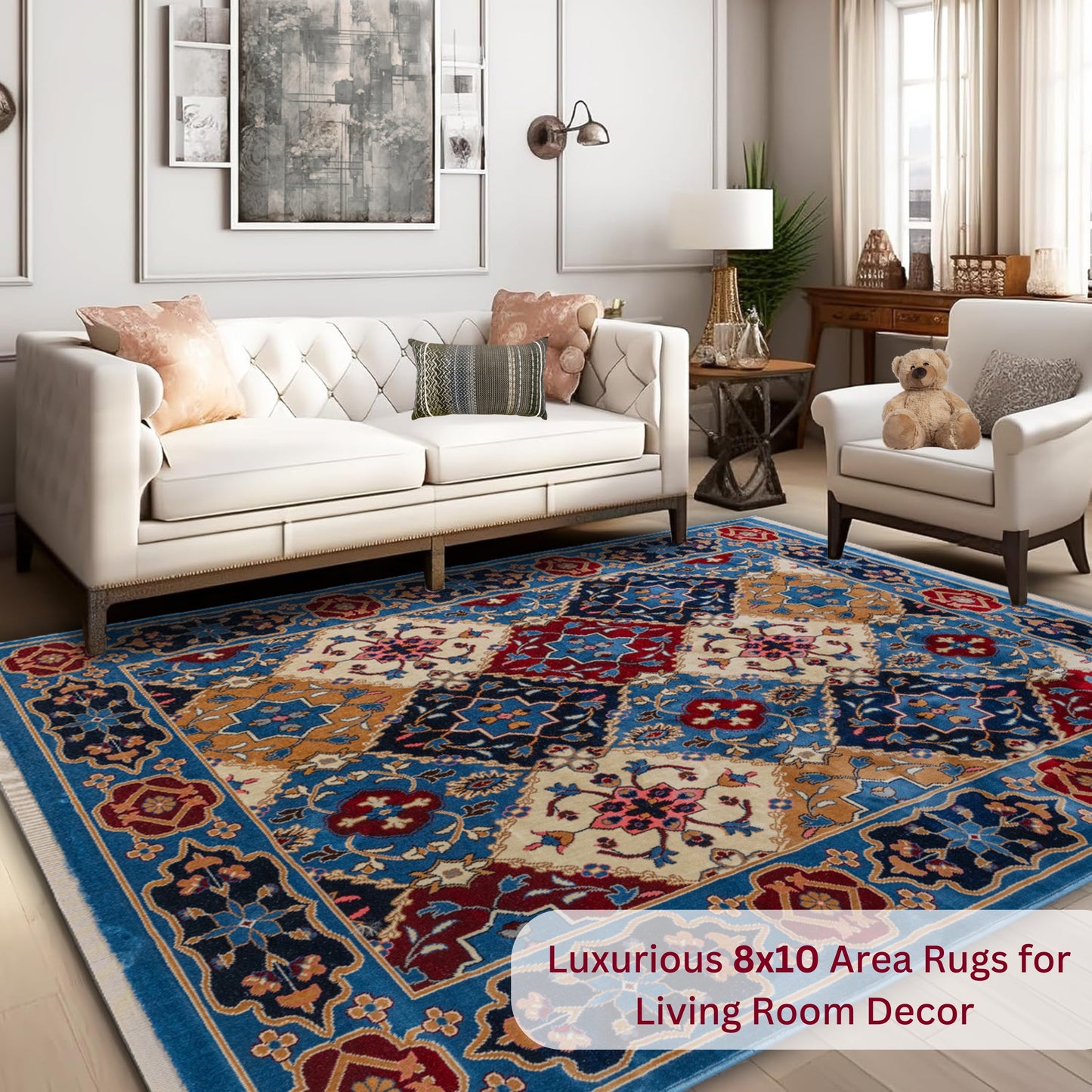 CoziRita Area Rugs for Living Room Carpet - Vintage Rug, Mid Century Modern Stylish Home Decor Indoor Medium Pile Rugs for Bedroom, Dining, Kitchen - Pet Friendly, Easy-Care - Blue Majesty