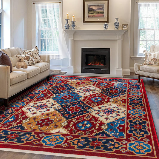 Living room featuring the Red Majesty Turkish rug with a colorful floral pattern, placed beneath a beige sofa and in front of a fireplace for a warm, vintage-inspired atmosphere