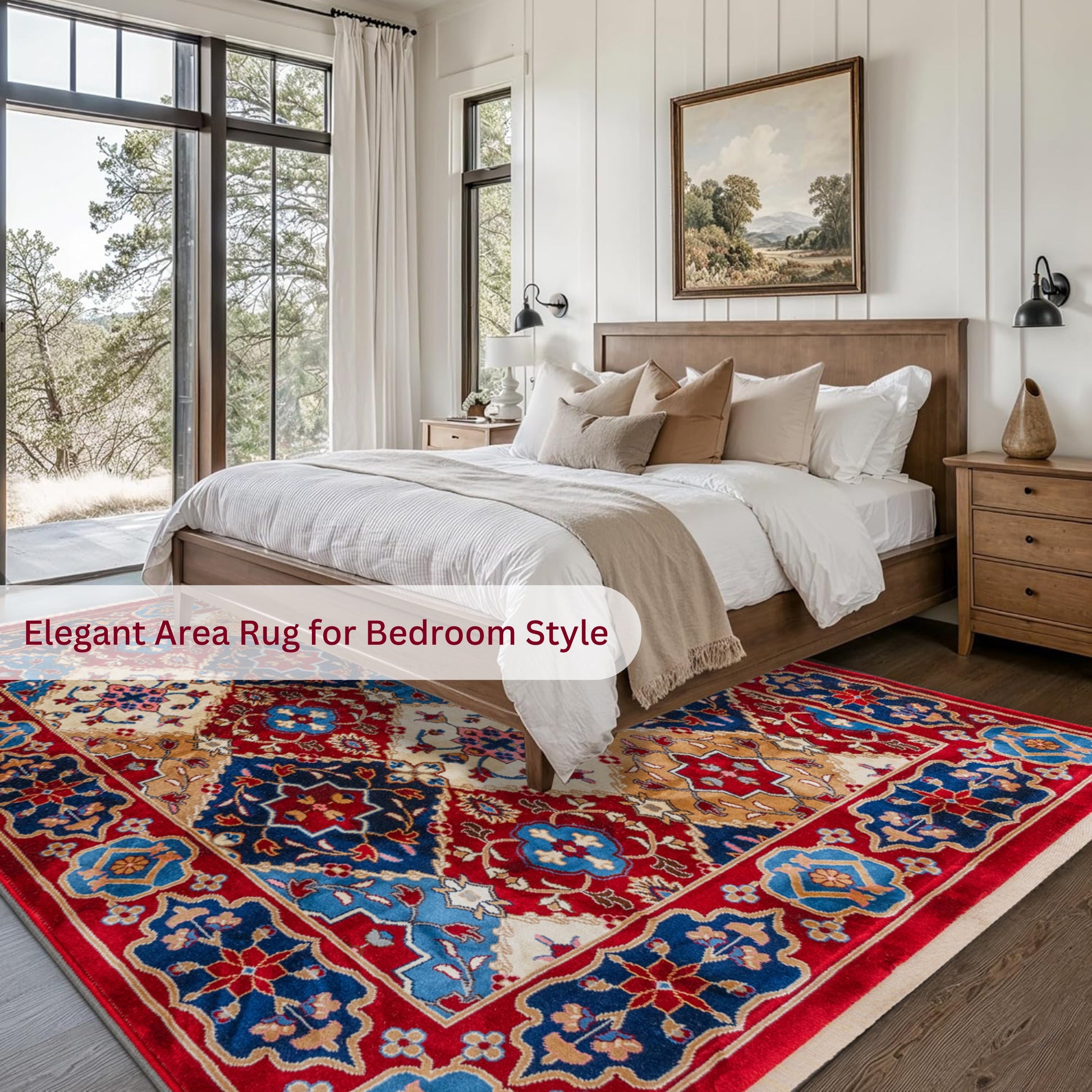 Bedroom featuring the Red Majesty Turkish rug, a colorful area rug with floral patterns, placed under a bed and paired with wooden furniture for a warm, vintage-inspired look