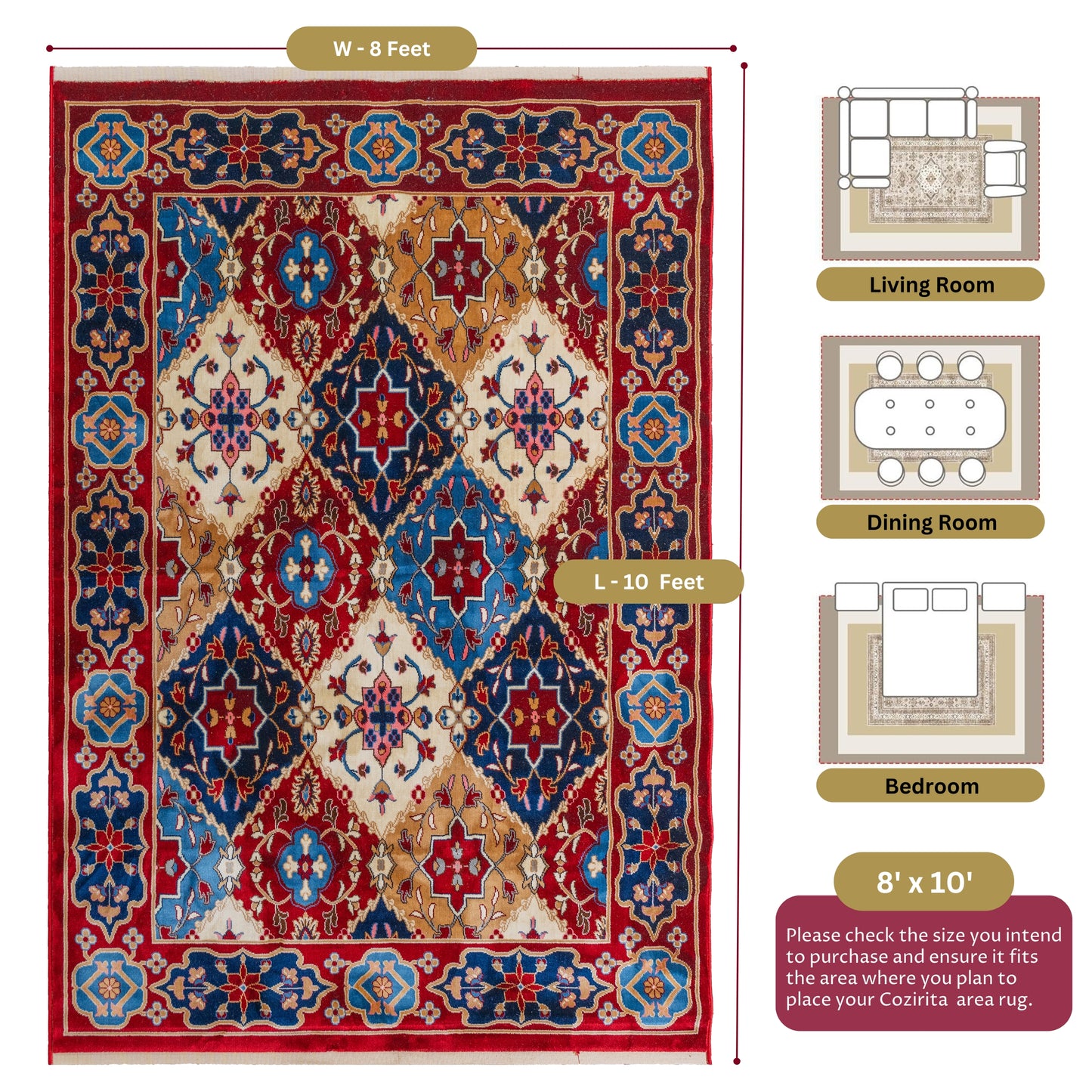 Decorative Red Majesty Turkish rug with a geometric floral pattern, displayed alongside a size chart showing dimensions and suggested placements for living room, bedroom, and dining area