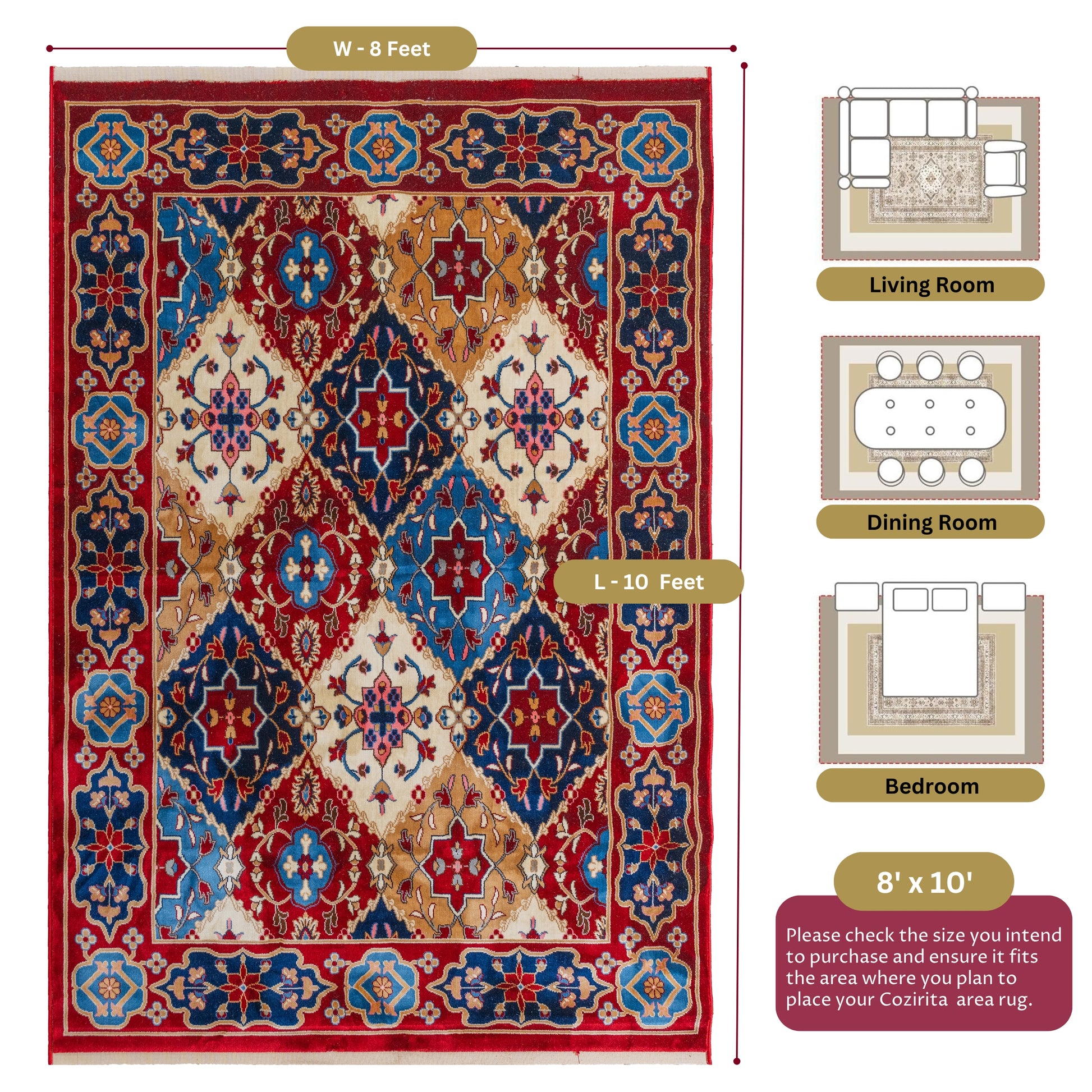 Decorative Red Majesty Turkish rug with a geometric floral pattern, displayed alongside a size chart showing dimensions and suggested placements for living room, bedroom, and dining area