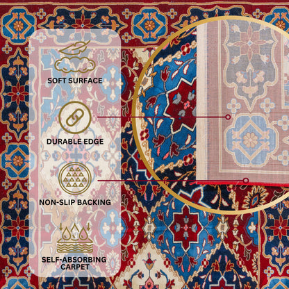 Decorative Red Majesty Turkish rug with overlay text highlighting its soft surface, durable stitched edges, non-slip jute backing, and self-absorbing carpet construction for lasting comfort and stability