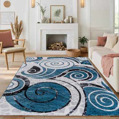 CoziRita Area Rugs for Living Room Carpet - Modern Abstract Rug for Dining Room, Carpet for Bedroom, Office - Non-Shedding Medium Pile Rugs for High Traffic Areas - Jute Backing - Blue Swirl