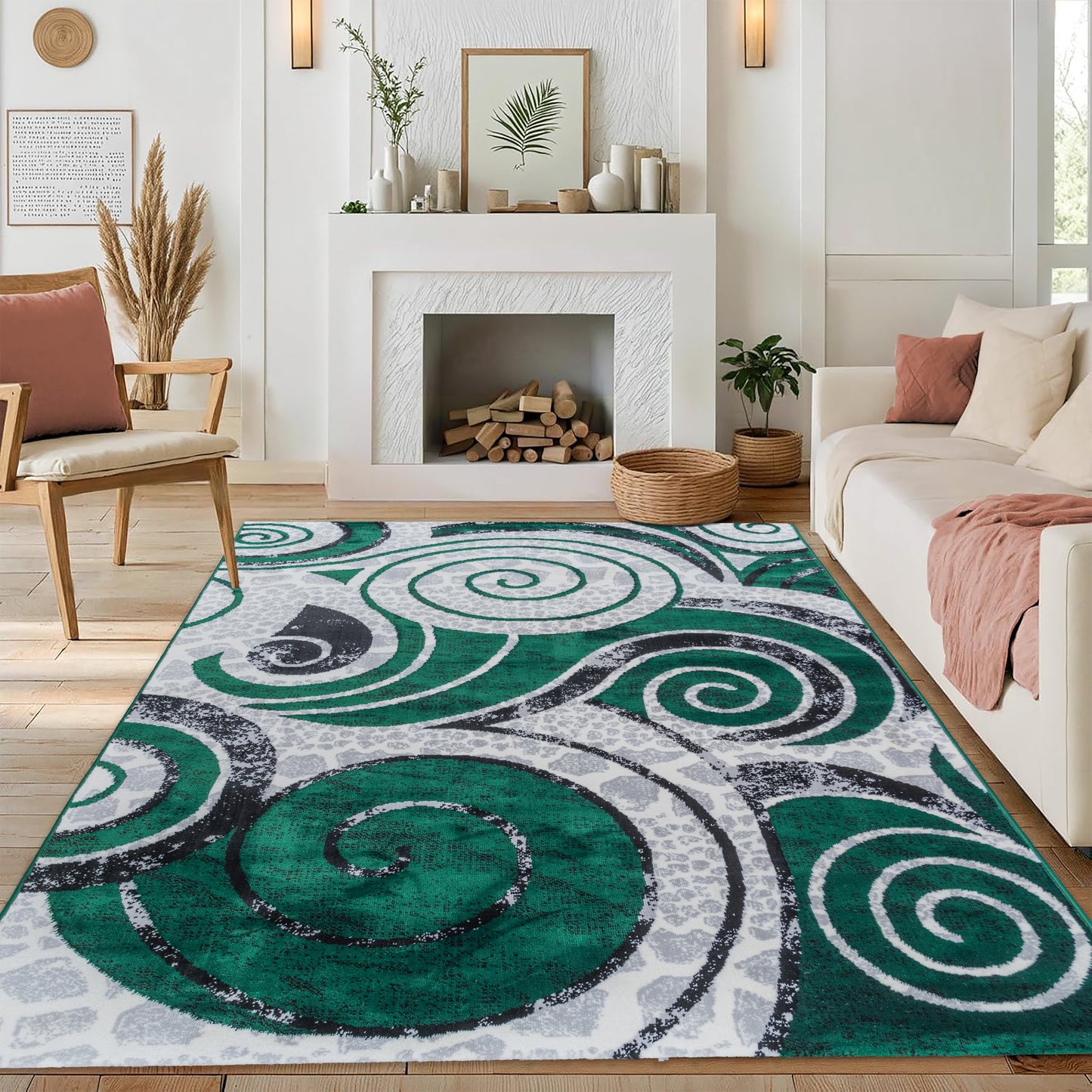 CoziRita Area Rugs for Living Room Carpet - Modern Abstract Rug for Dining Room, Carpet for Bedroom, Office - Non-Shedding Medium Pile Rugs for High Traffic Areas - Jute Backing - Green Swirl