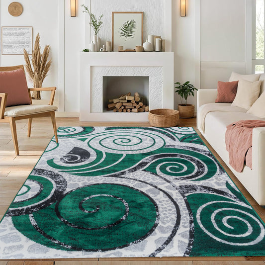 CoziRita Area Rugs for Living Room Carpet - Modern Abstract Rug for Dining Room, Carpet for Bedroom, Office - Non-Shedding Medium Pile Rugs for High Traffic Areas - Jute Backing - Green Swirl