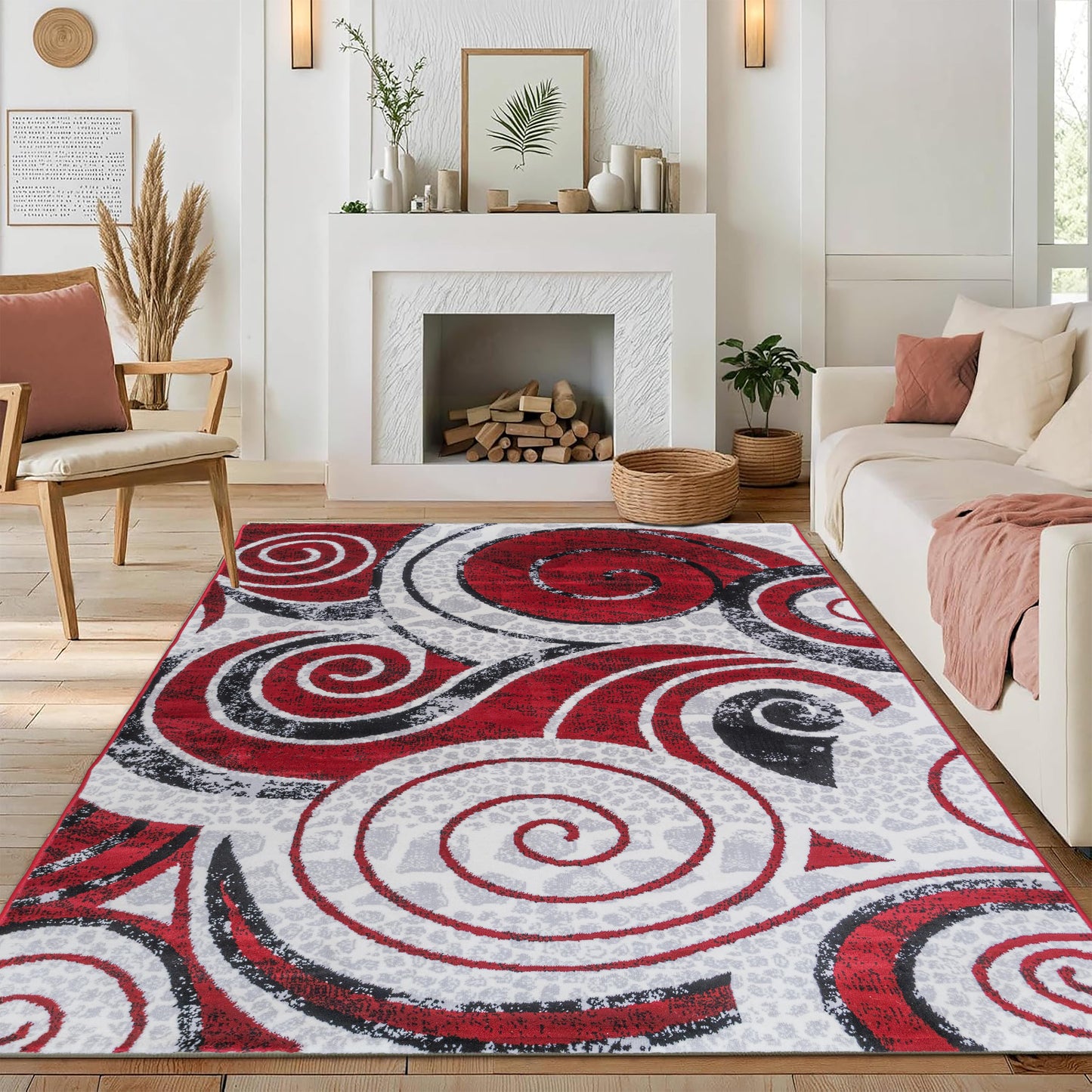 Dark Red Swirl Medium-Pile Area Rug