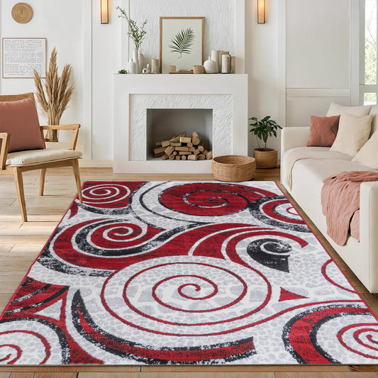 CoziRita Area Rugs for Living Room Carpet - Modern Abstract Rug for Dining Room, Carpet for Bedroom, Office - Non-Shedding Medium Pile Rugs for High Traffic Areas - Jute Backing - Red Swirl