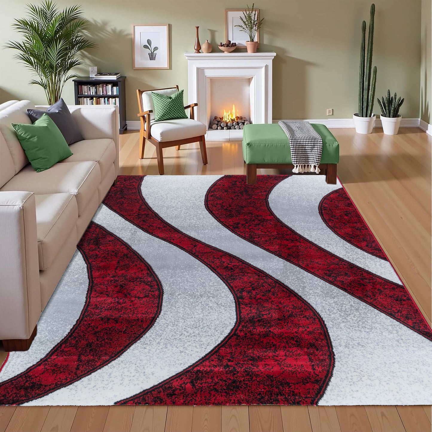 CoziRita Area Rugs for Living Room Carpet - Modern Abstract Rug for Dining Room, Carpet for Bedroom, Office - Non-Shedding Medium Pile Rugs for High Traffic Areas - Jute Backing - Red Wave