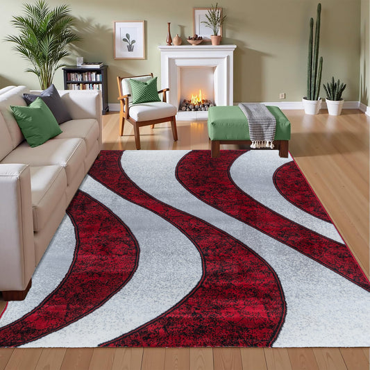 CoziRita Area Rugs for Living Room Carpet - Modern Abstract Rug for Dining Room, Carpet for Bedroom, Office - Non-Shedding Medium Pile Rugs for High Traffic Areas - Jute Backing - Red Wave