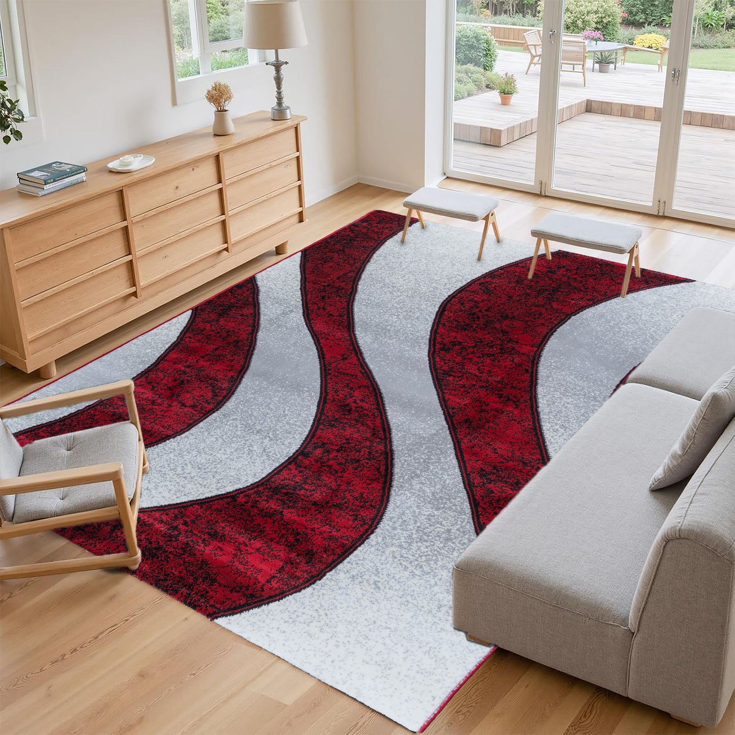 Dark Red Wave Medium-Pile Area Rug