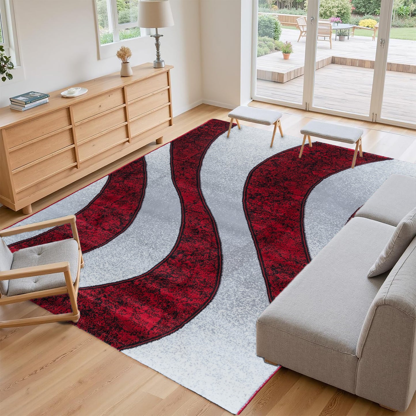 CoziRita Area Rugs for Living Room Carpet - Modern Abstract Rug for Dining Room, Carpet for Bedroom, Office - Non-Shedding Medium Pile Rugs for High Traffic Areas - Jute Backing - Red Wave