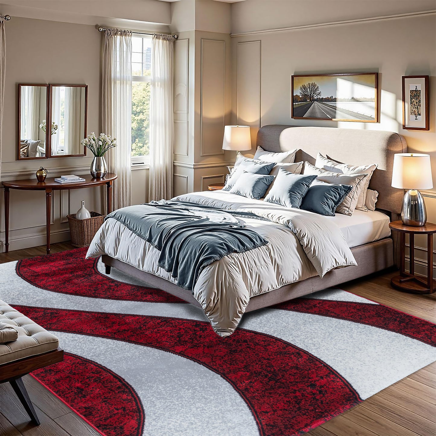 CoziRita Area Rugs for Living Room Carpet - Modern Abstract Rug for Dining Room, Carpet for Bedroom, Office - Non-Shedding Medium Pile Rugs for High Traffic Areas - Jute Backing - Red Wave